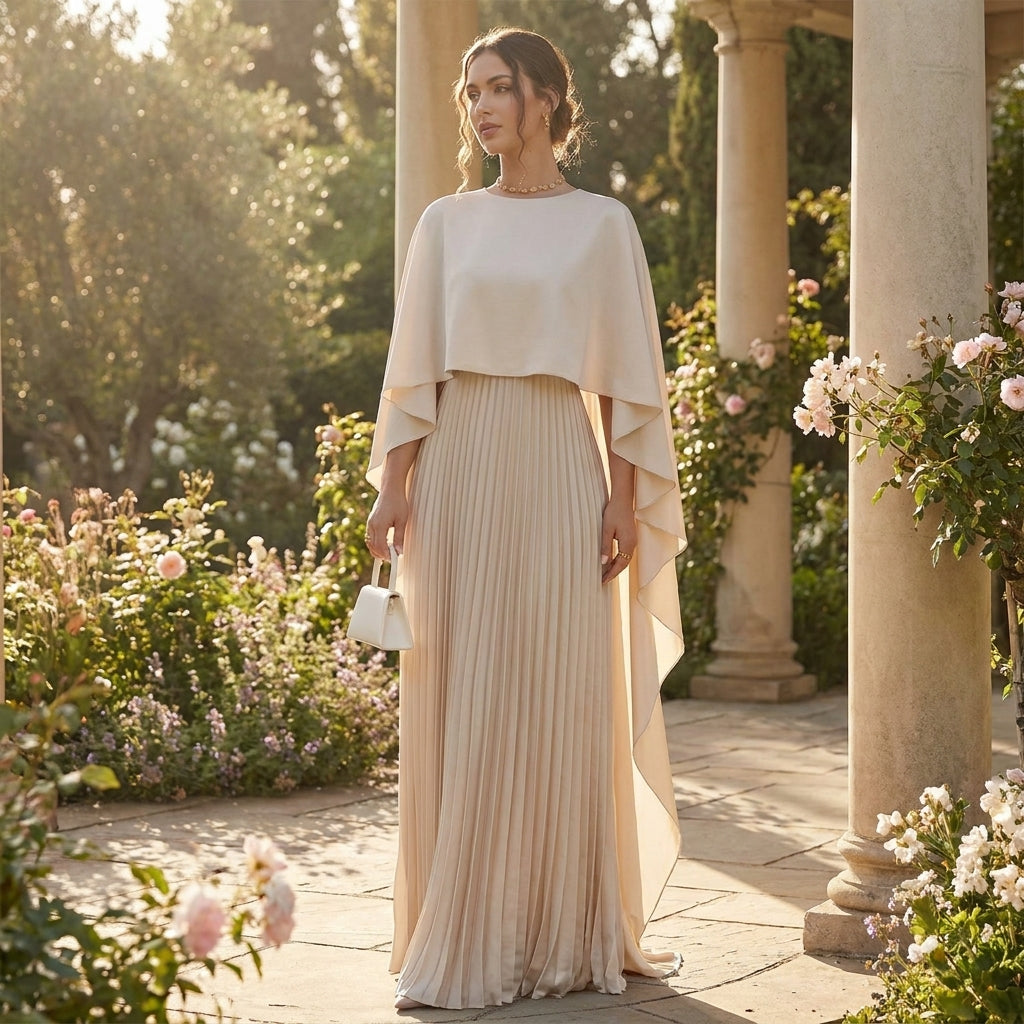 Model wearing the cream dress with a white handbag in a sunlit garden among roses and stone columns 5