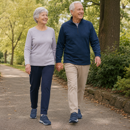 Older couple holding hands on a tree-lined park path, both wearing navy strap shoes 6