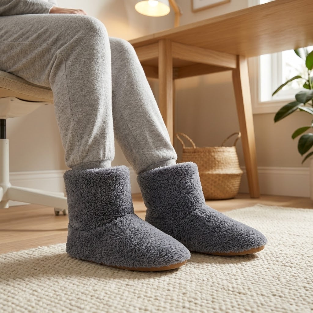 Grey plush ankle slippers worn by a seated person in grey joggers beside a wooden desk and woven basket. 1