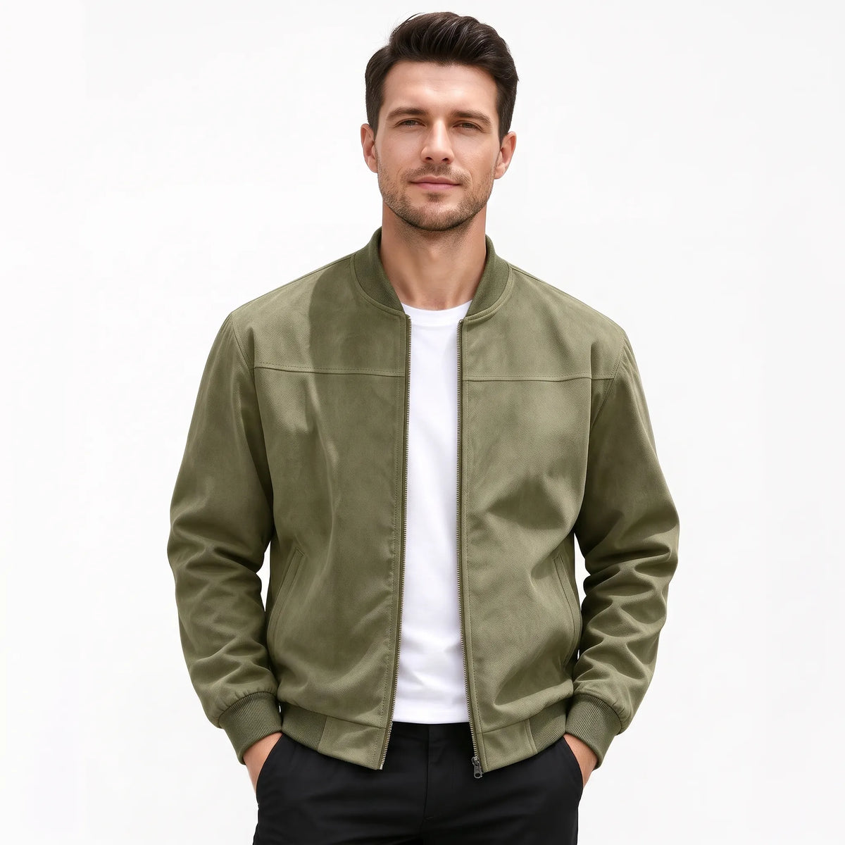 Studio shot of a model in the olive green jacket, zip open, hands in trouser pockets 53