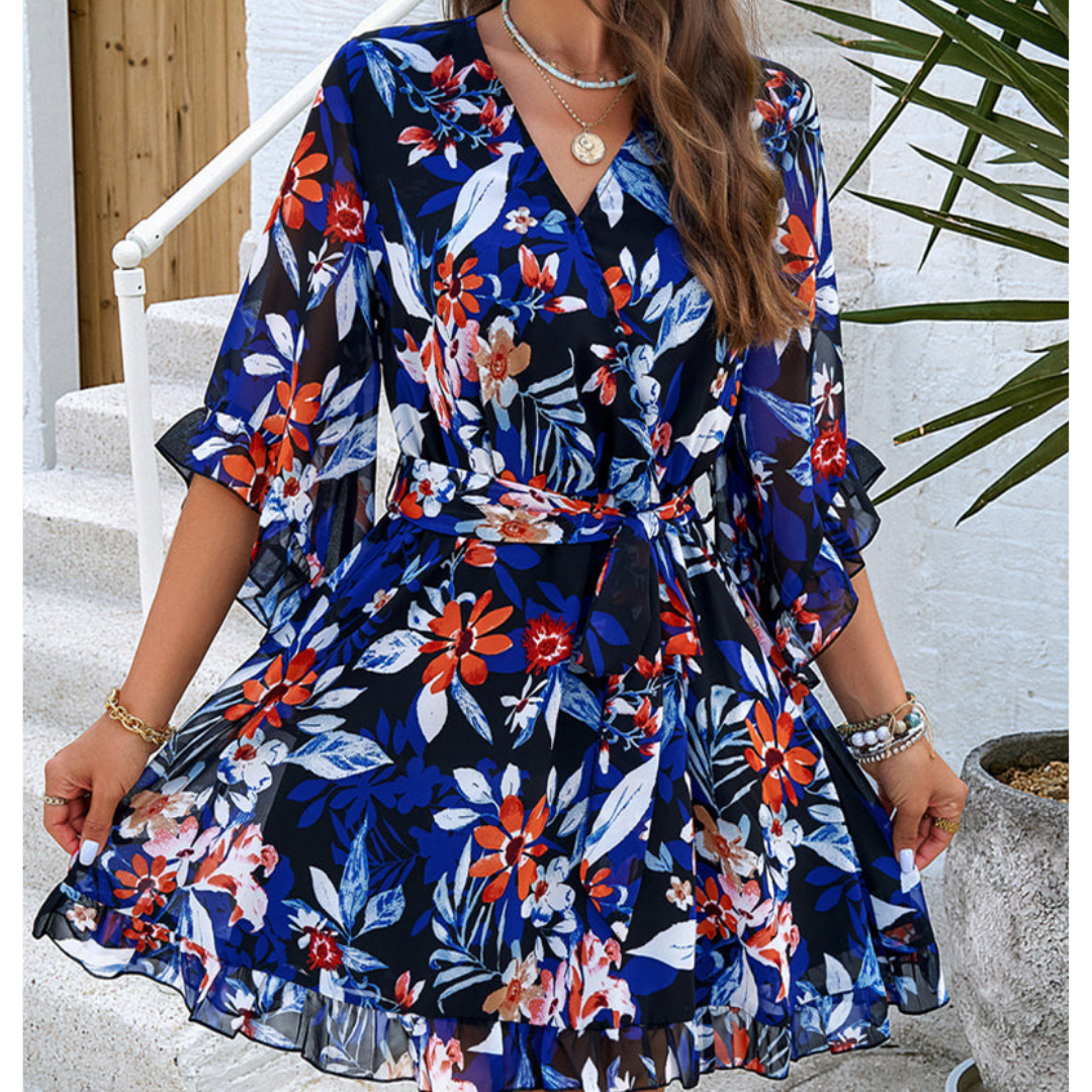 Autumnal mini dress with floral print & bell sleeves – Liora