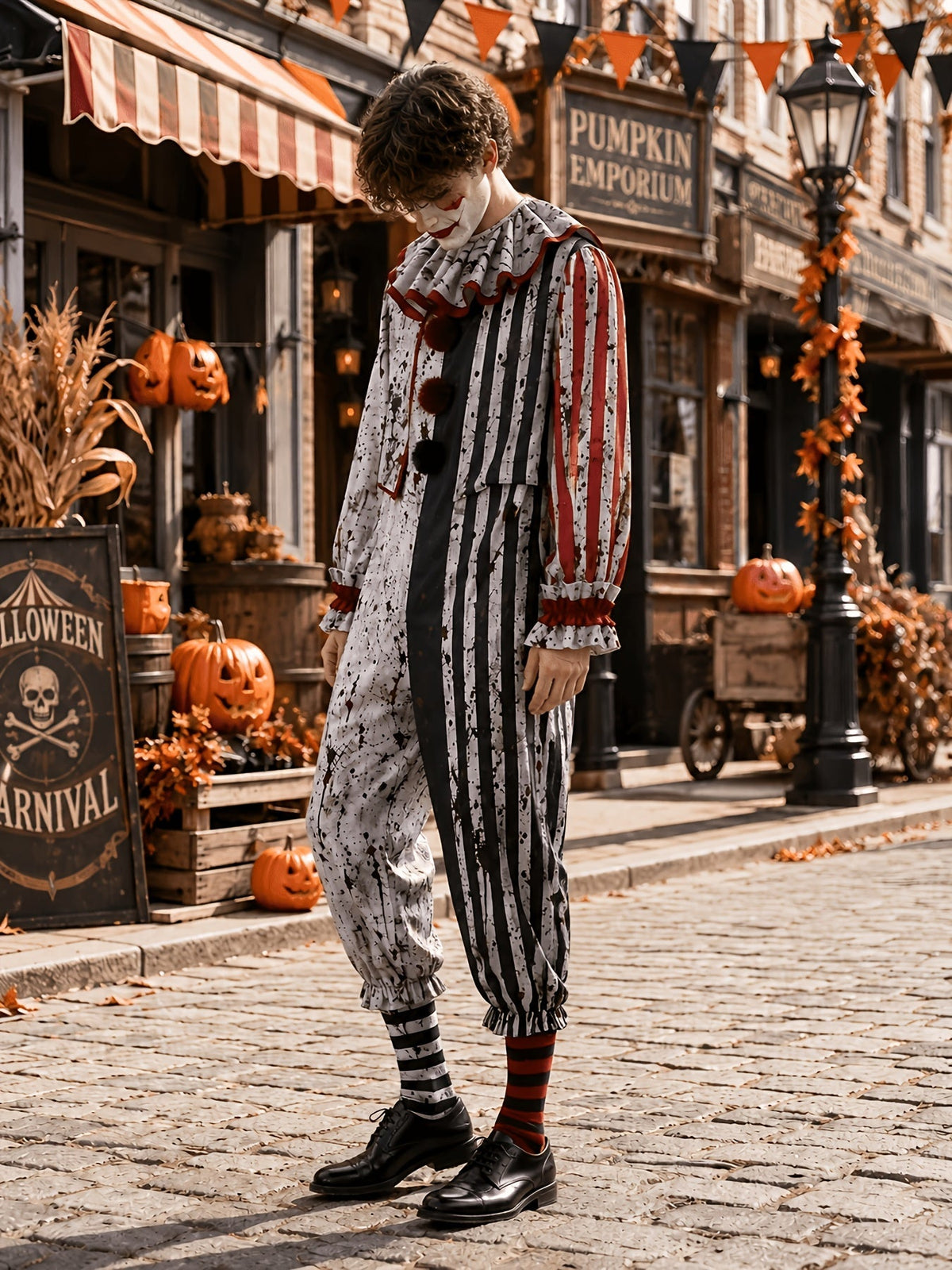 Three-quarter side view of the model in the clown jumpsuit, showing the red-striped sleeve, frilled cuffs and gathered ankles. 2