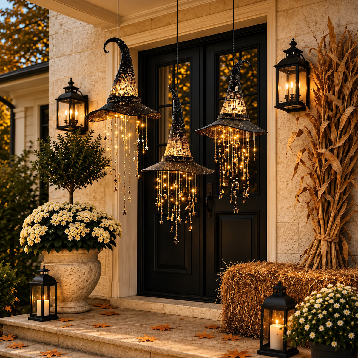 Three glowing witch hats hang in front of a black double door, surrounded by lanterns, flowers, hay bale and corn stalks. 5