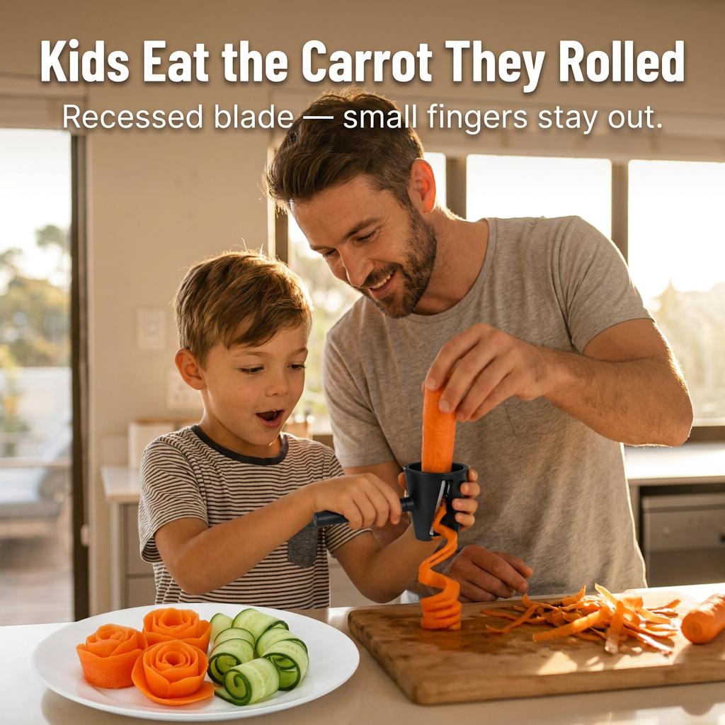A father and son make carrot curls with the tool at a kitchen counter, with carrot and cucumber roses on a plate beside them. 4