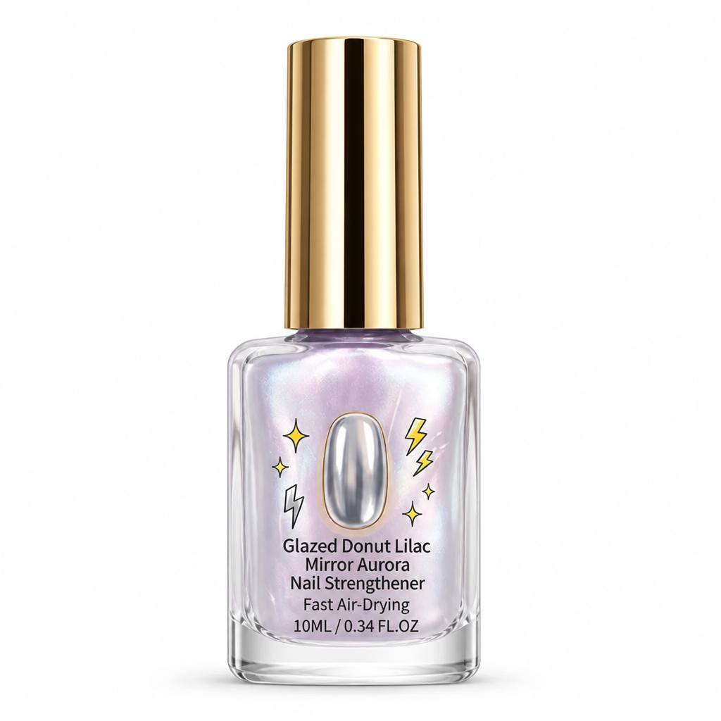 Front of the bottle with gold cap and pearly lilac polish, on a plain white background 6