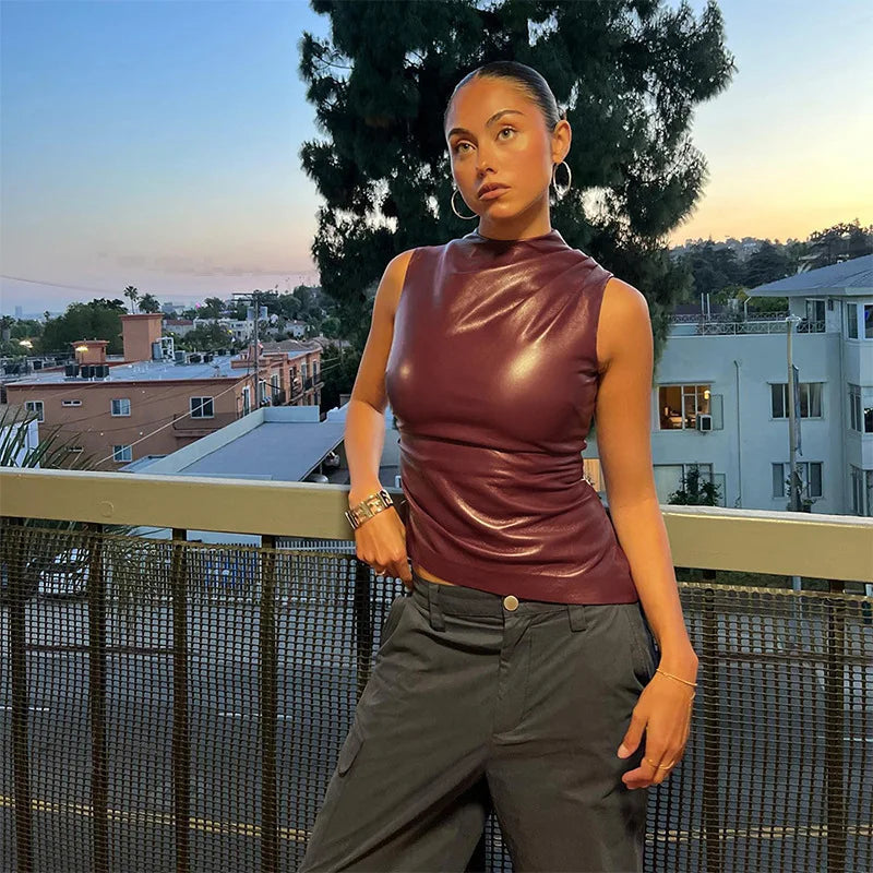 Women's Sleeveless Leather Top with Tailored Fit – Autumn Magic Nila