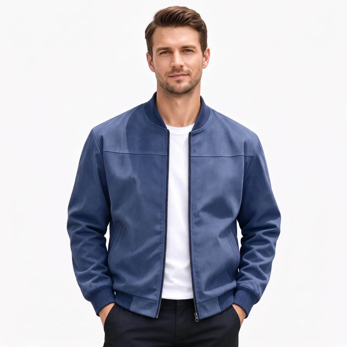 Studio shot of a model in the navy blue jacket, zip open, hands in trouser pockets 55