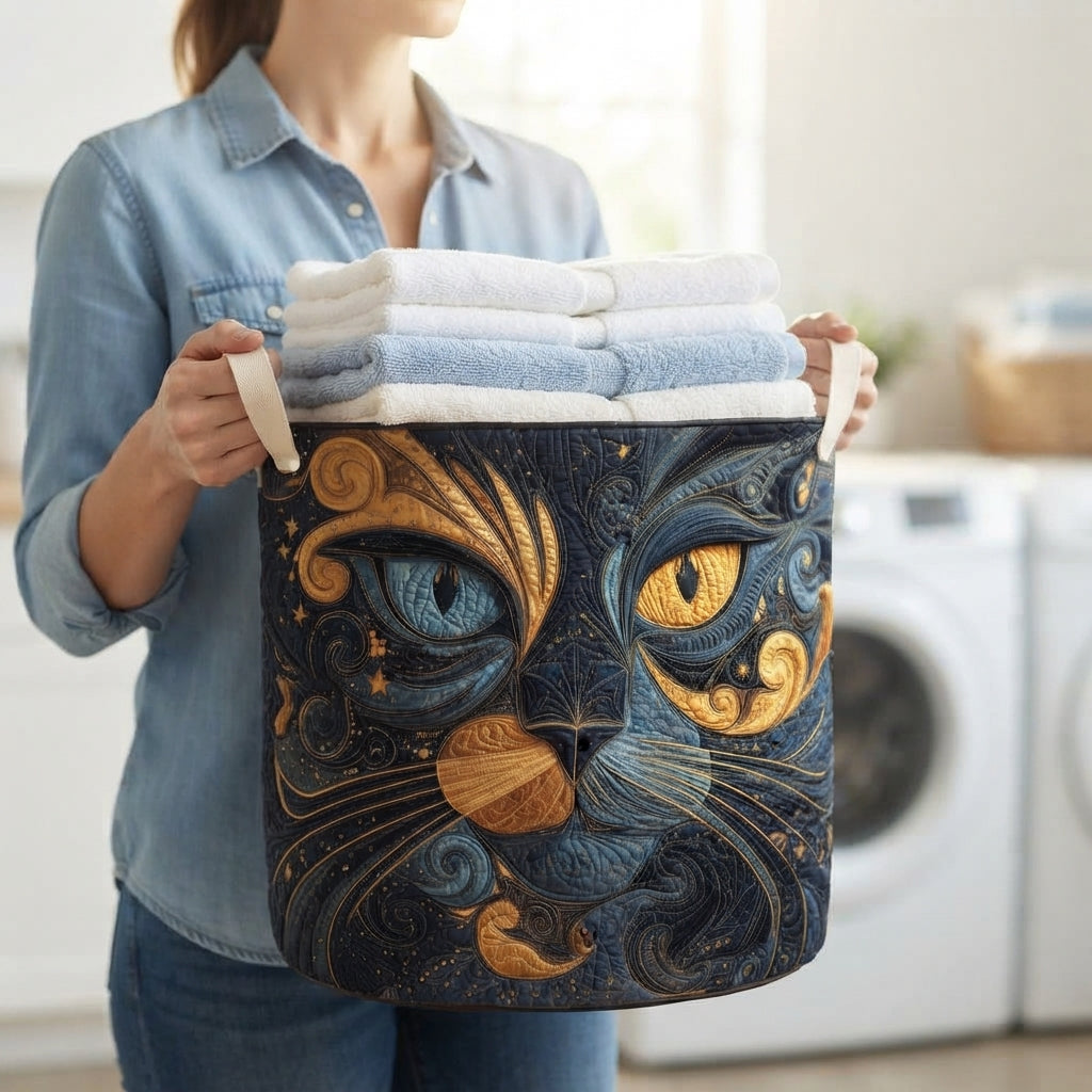 Woman in a denim shirt carries the basket by its two handles, filled with folded white and blue towels, in a laundry room. 3
