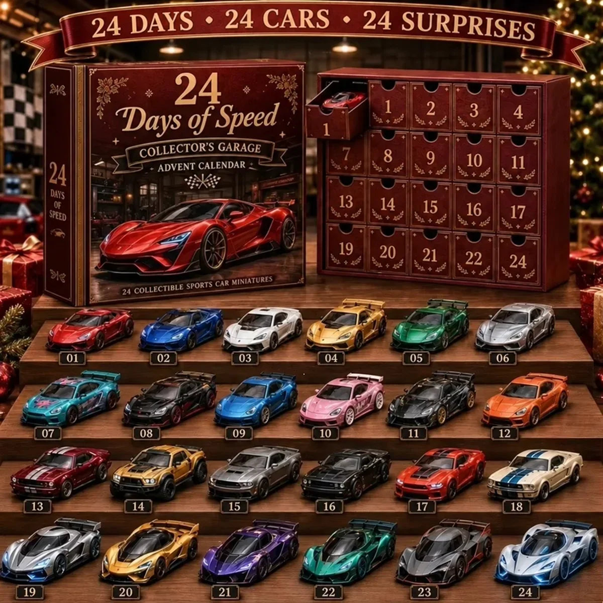 Burgundy garage-style box with numbered drawers, shown above 24 numbered miniature sports cars on wooden tiers 18