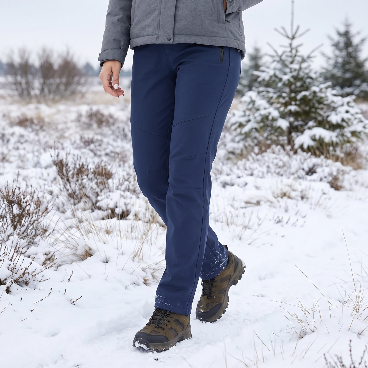 Navy softshell trousers worn with hiking boots and a grey jacket on a snowy heath 1