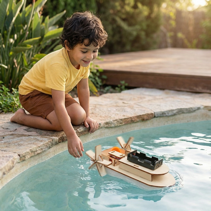 Boy kneels at a pool edge as a wooden paddle-wheel boat model with a battery holder floats on the water. 6