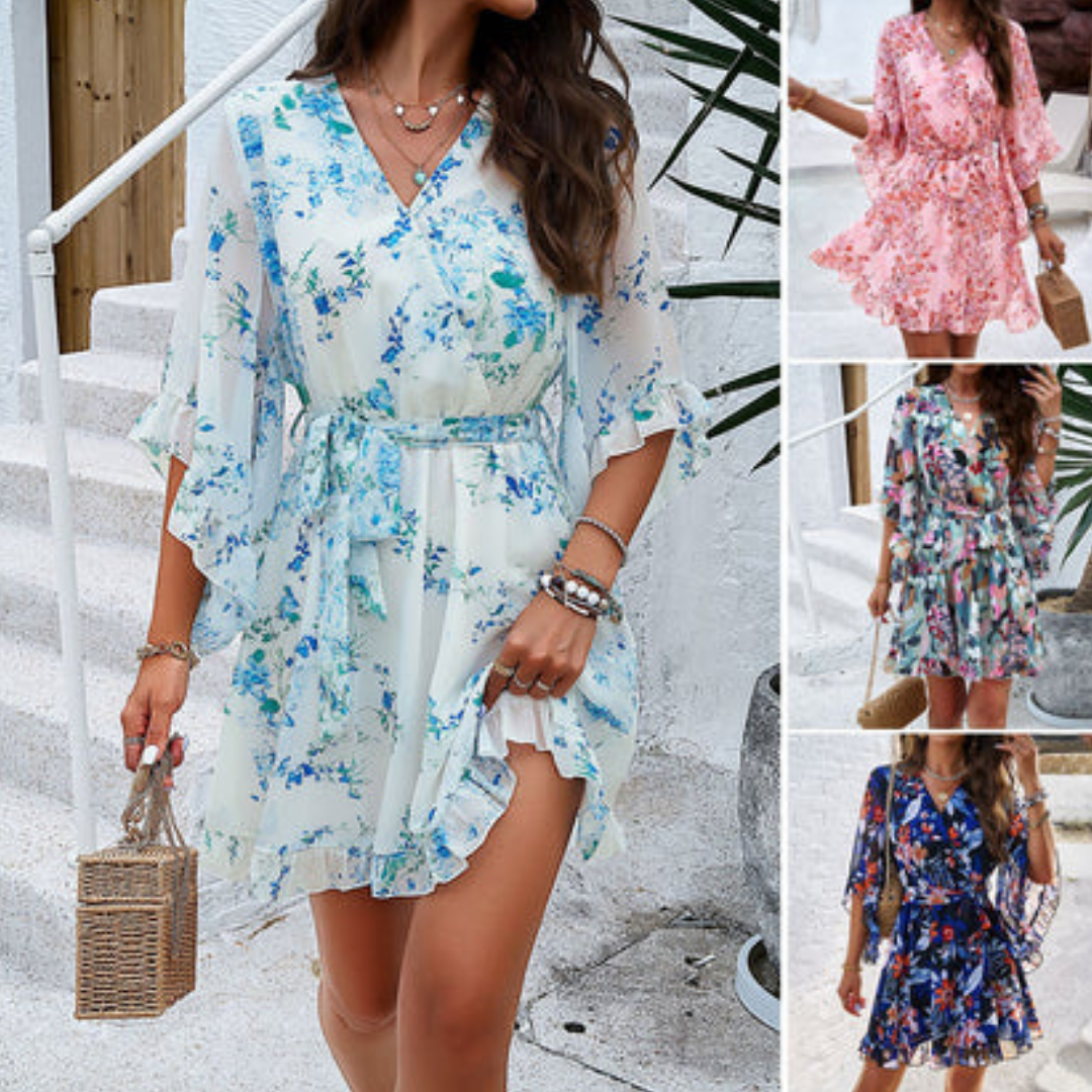Autumnal mini dress with floral print & bell sleeves – Liora