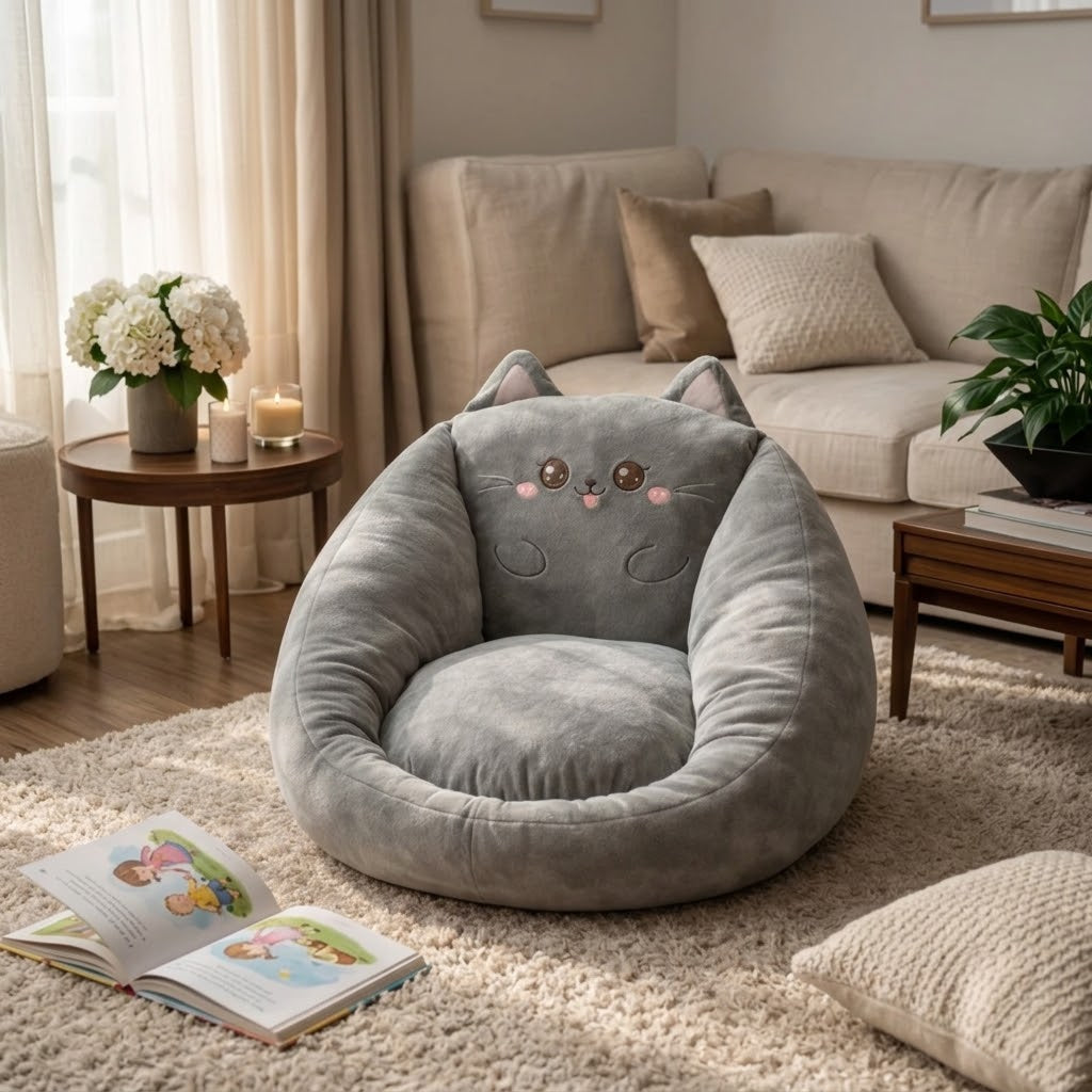 Grey cat-design bean bag chair with pointed ears and embroidered face on a shaggy rug in a living room 5