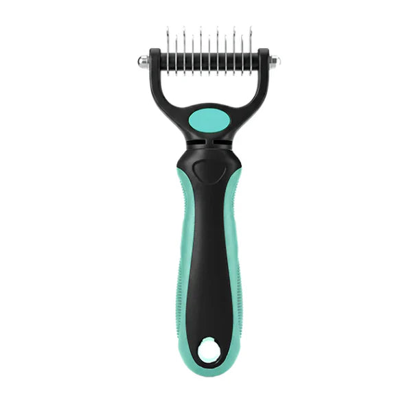 Front view of the teal and black rake on a white background, showing its straight teeth and ridged grip. 16