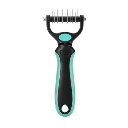 Front view of the teal and black rake on a white background, showing its straight teeth and ridged grip. 16