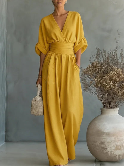Women's Elegant Wide-Leg Jumpsuit with V-Neck Flowy Fit 5