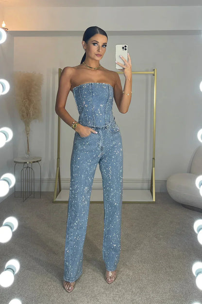 Sparkling ladies' trouser set with high-waisted jeans – Liora