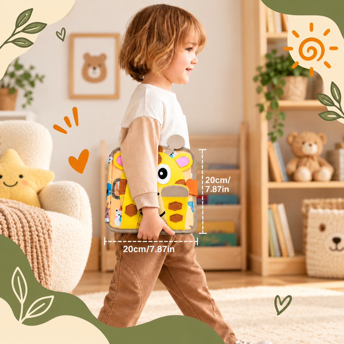 Toddler carrying the giraffe-cover felt book under one arm to show its compact size 12