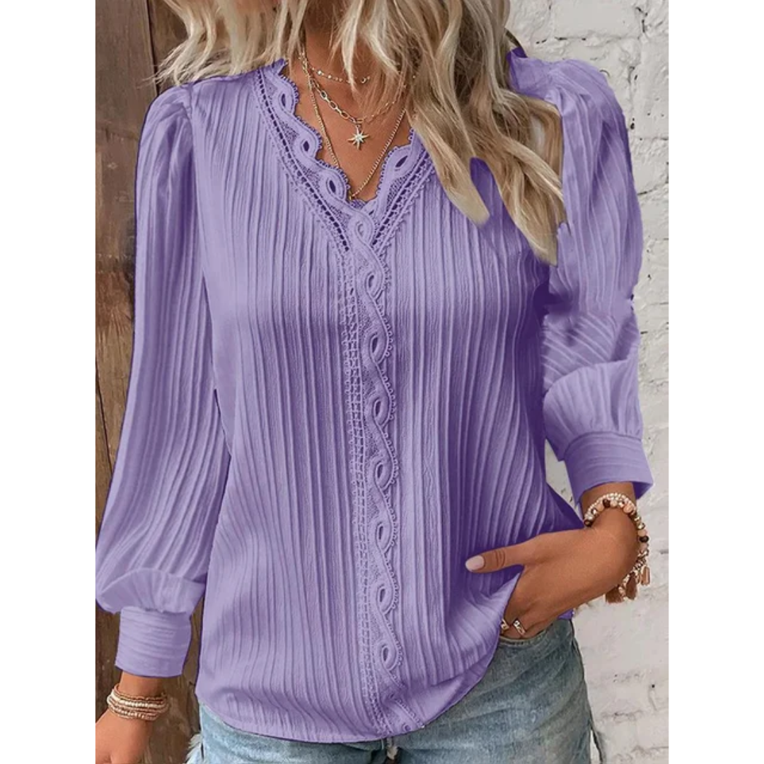 Stylish autumnal women's blouse with a V-neck and long sleeves – Alvara