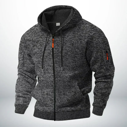 Front view of the zip-up hoodie in speckled charcoal grey, showing the hood, ribbed cuffs and hem, and orange zip pull. 5