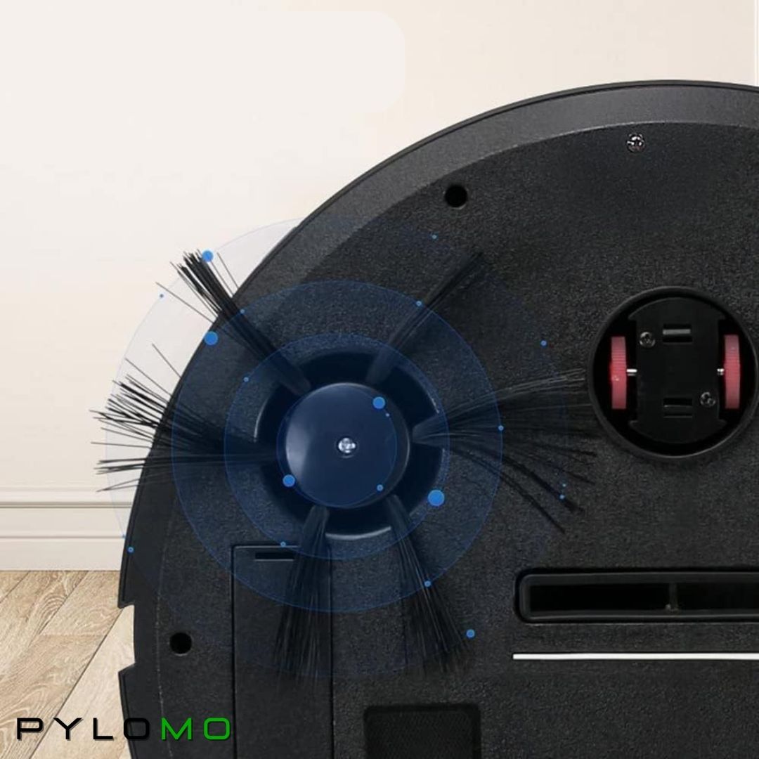 Underside of the black robot cleaner, showing a spinning side brush, drive wheel, castor wheel and suction opening. 6