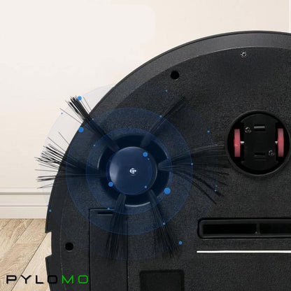 Underside of the black robot cleaner, showing a spinning side brush, drive wheel, castor wheel and suction opening. 6