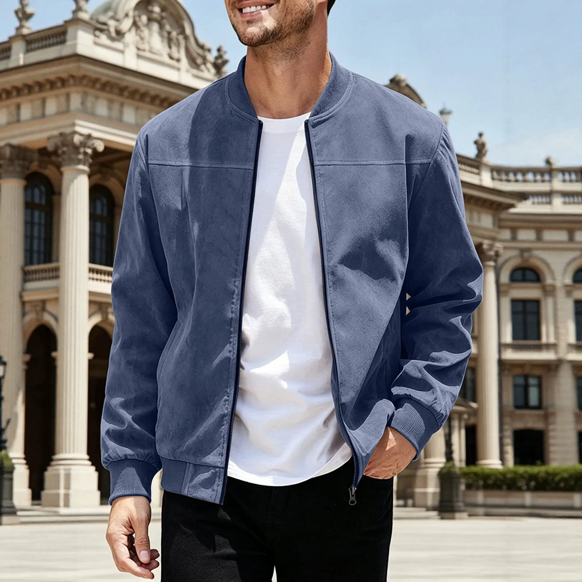 Man in front of a classical building wearing the blue zip jacket open over a white tee 5