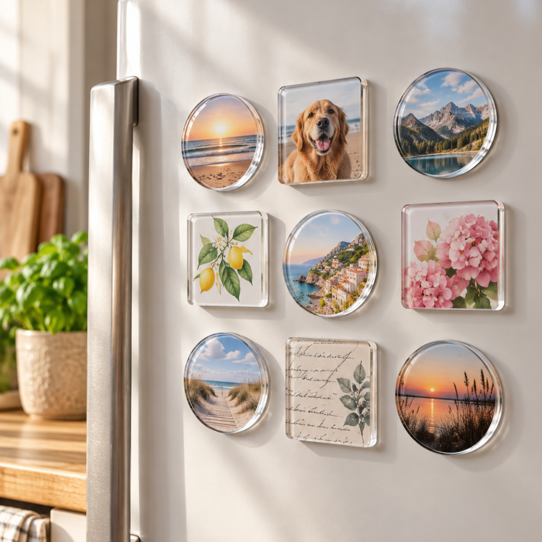 Nine round and square photo magnets in a grid on a fridge door, showing beaches, a dog and flowers 2