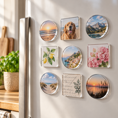 Nine round and square photo magnets in a grid on a fridge door, showing beaches, a dog and flowers 2