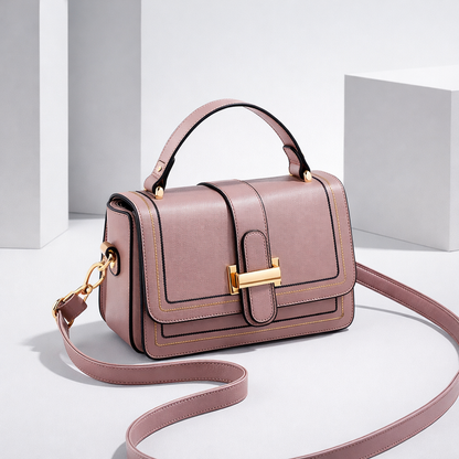 Dusky pink version with gold clasp and dark piping, angled view with the strap curving across a pale studio floor. 7