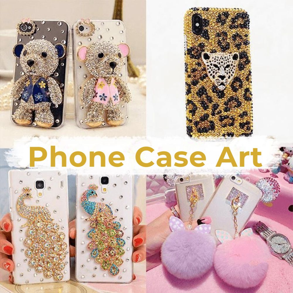 Collage of phone cases decorated with gems, including teddy bears, a leopard print and peacocks 4