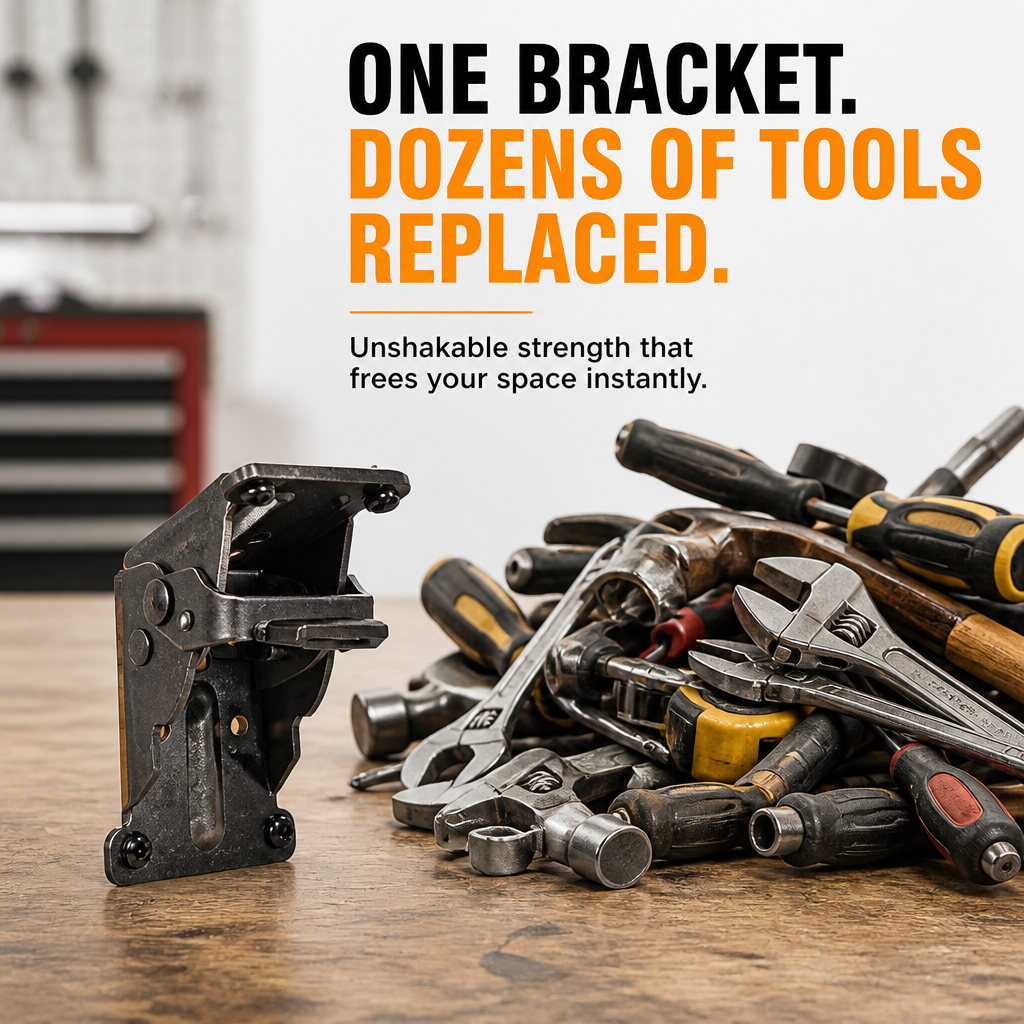 Single black bracket standing on a workbench beside a heap of spanners, screwdrivers and hammers, in a workshop. 6
