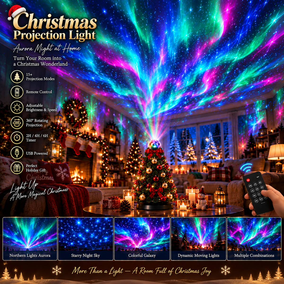 Projector creating swirling green, blue and pink northern lights and stars across a decorated room ceiling 5