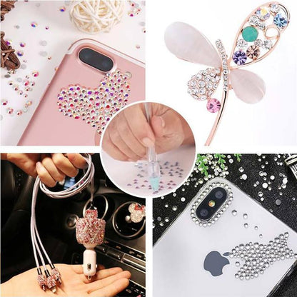 Gem-decorated phone cases, a butterfly brooch and a car charger, with the pen placing gems in an inset 8