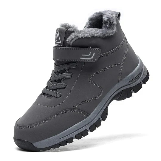 Dark grey high-top boot with fleece-lined collar, strap, laces and black chunky sole, side view 7
