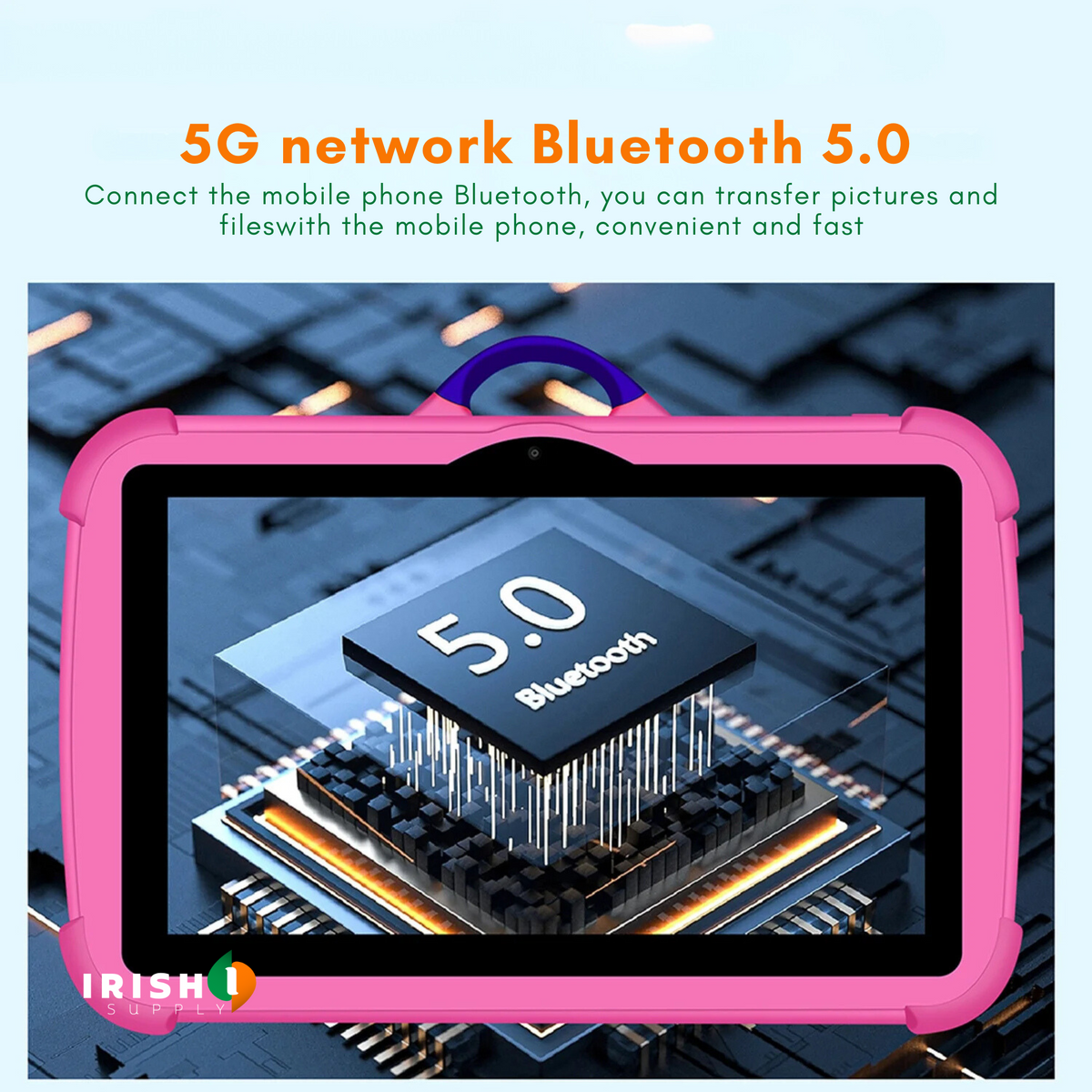 Pink tablet with a graphic of a Bluetooth chip on screen, illustrating wireless file transfer 4