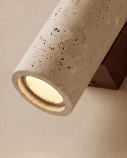 Close-up of the lower end showing the lit bulb opening, travertine pores and wooden bracket 5