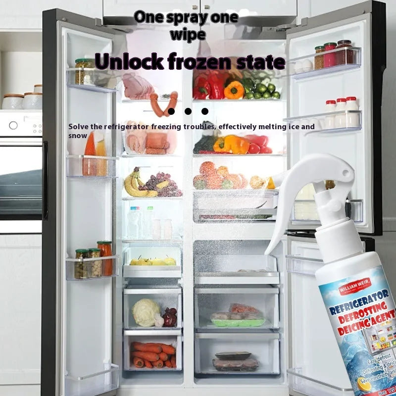 Spray bottle held in front of an open, well-stocked fridge, illustrating a one spray, one wipe routine 5