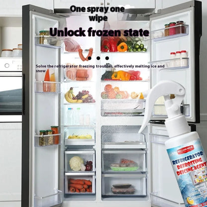 Spray bottle held in front of an open, well-stocked fridge, illustrating a one spray, one wipe routine 5