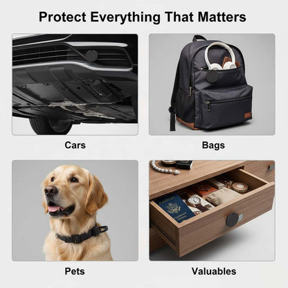 Four-panel collage showing the tracker on a car underbody, in a backpack pocket, on a golden retriever's collar and on a desk drawer. 8