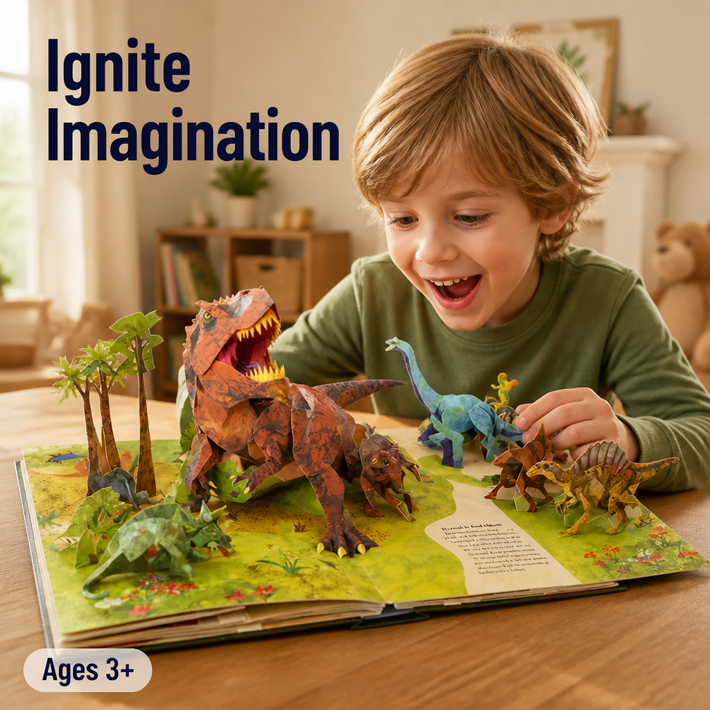 Excited boy in a green top leans over an open book of pop-up dinosaurs on a wooden table 6