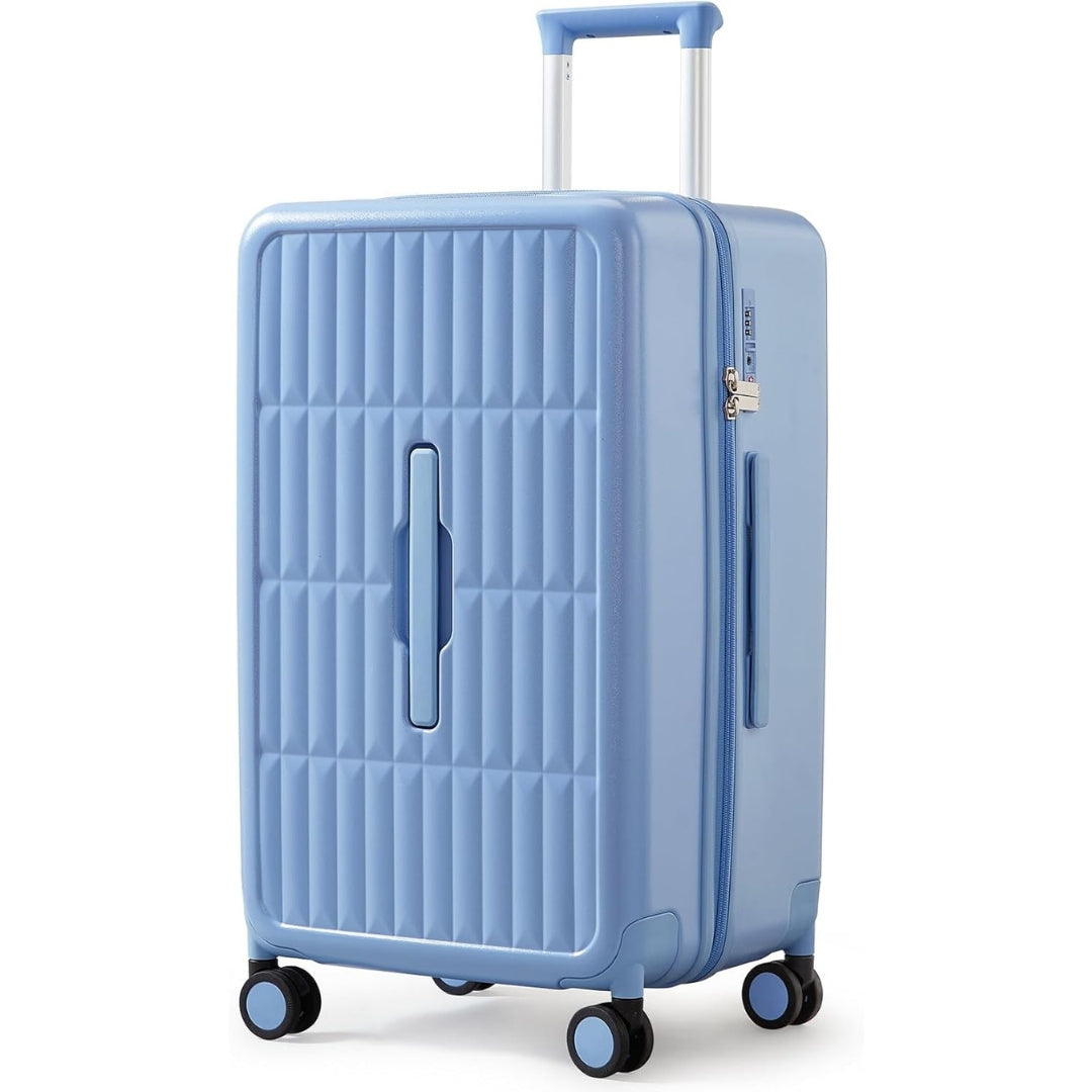 Airport-approved 55 cm hand luggage with a 30:70 split and a three-part polycarbonate hard shell.