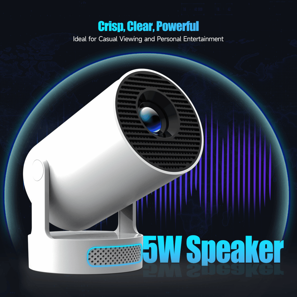 Projector angled forwards with its glowing speaker base highlighted and purple sound waves behind 16