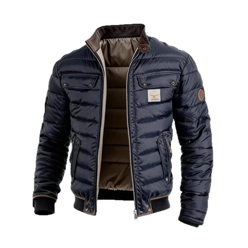 Navy quilted jacket unzipped on a plain white background, showing flap chest pockets and ribbed cuffs 5