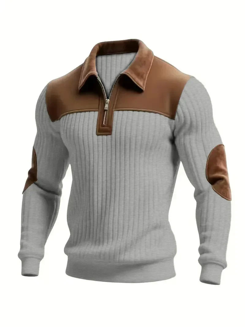 Light grey ribbed zip jumper with brown contrast collar, yoke and elbow patches, shown on its own 5