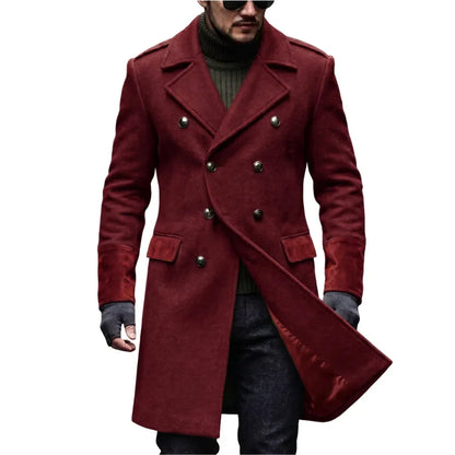 Burgundy red overcoat worn by a model in sunglasses, with the front panel open showing the lining 5