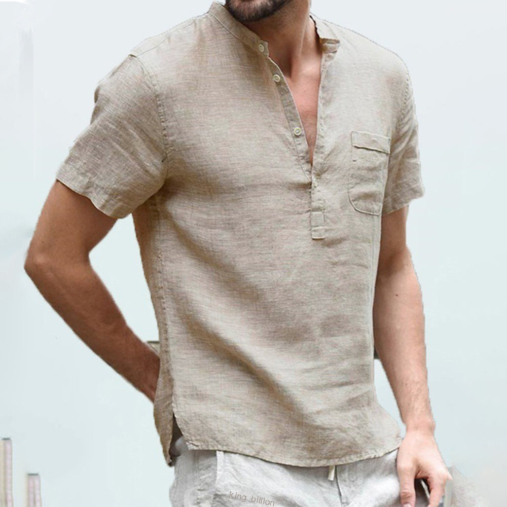 Men's Linen Shirt | V-Neck | Short Sleeves | Button Closure