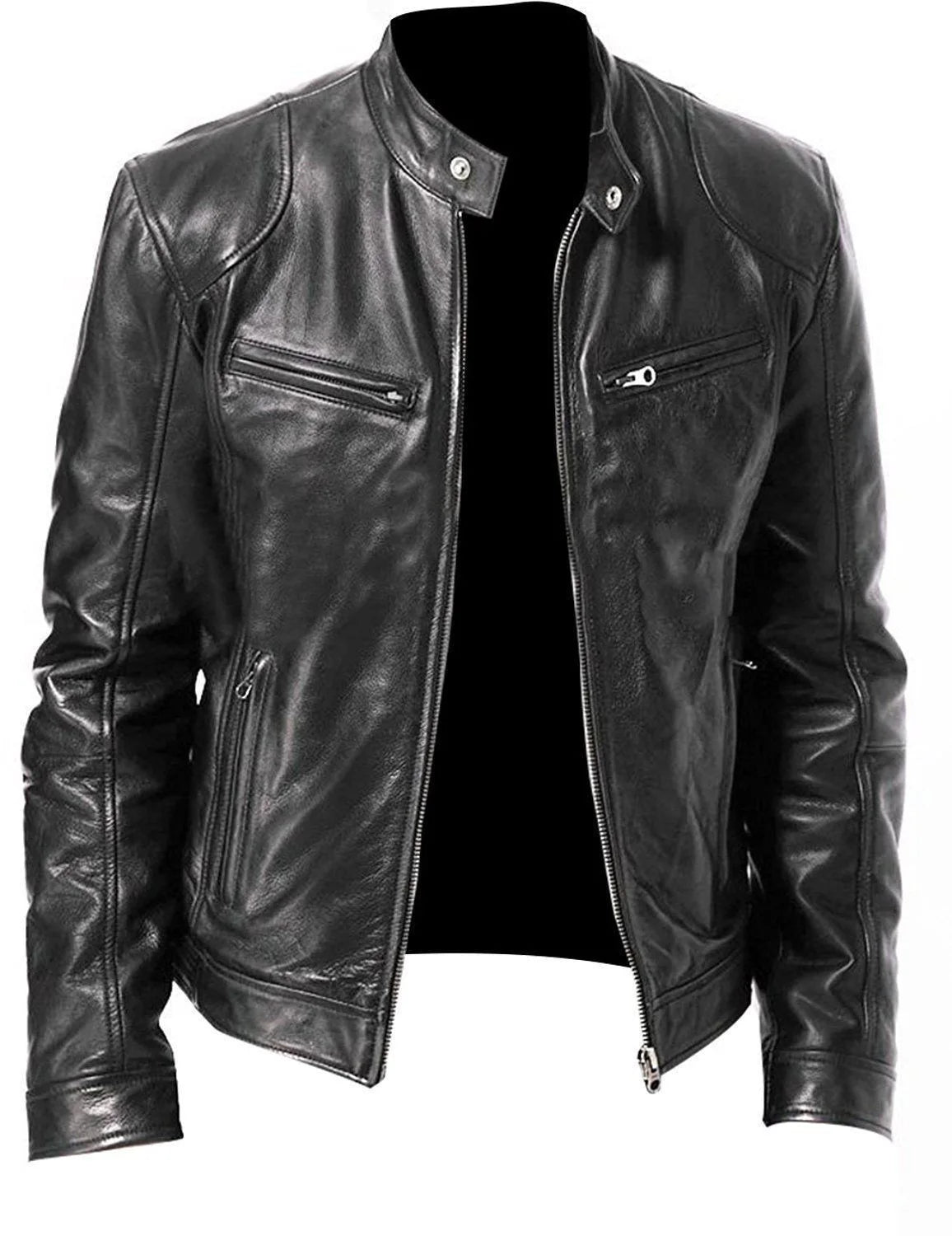 Black leather biker jacket with stand collar and zipped pockets, unzipped on a plain background 5