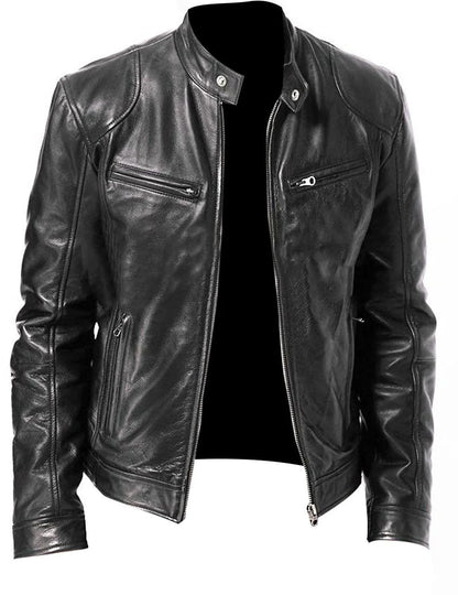 Black leather biker jacket with stand collar and zipped pockets, unzipped on a plain background 5