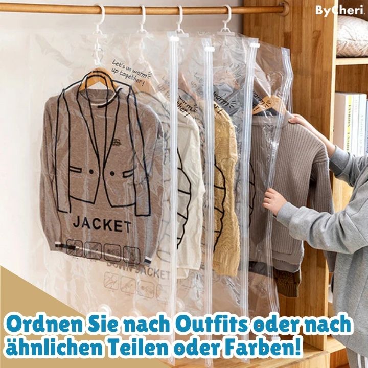 Row of clear zipped vacuum bags hanging on a wardrobe rail, each holding a knitted jumper or jacket on a hanger, one being pulled out. 5